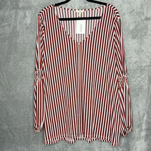 Como Blu 2X Shirt Top Red Striped Ballon Long Sleeve V Neck Stretch Casual